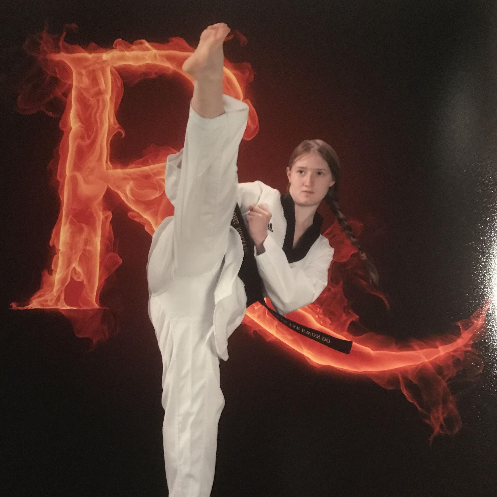 The bride doing taekwondo