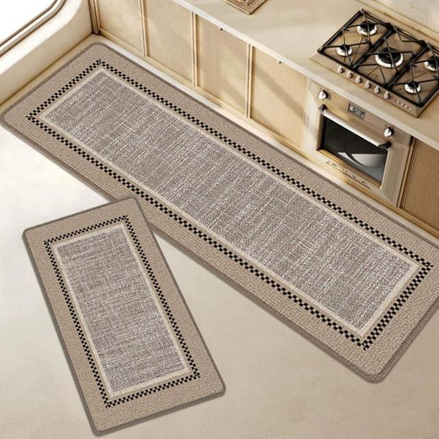 Aoluguya 2-Piece Kitchen Floor Rugs - Non Slip Machine Washable Mats 20”x31.5” & 20”x59 Made of Soft Absorbent Polyester, Gray & Beige - Checkered Border Design for Sink Counter Laundry Hallway