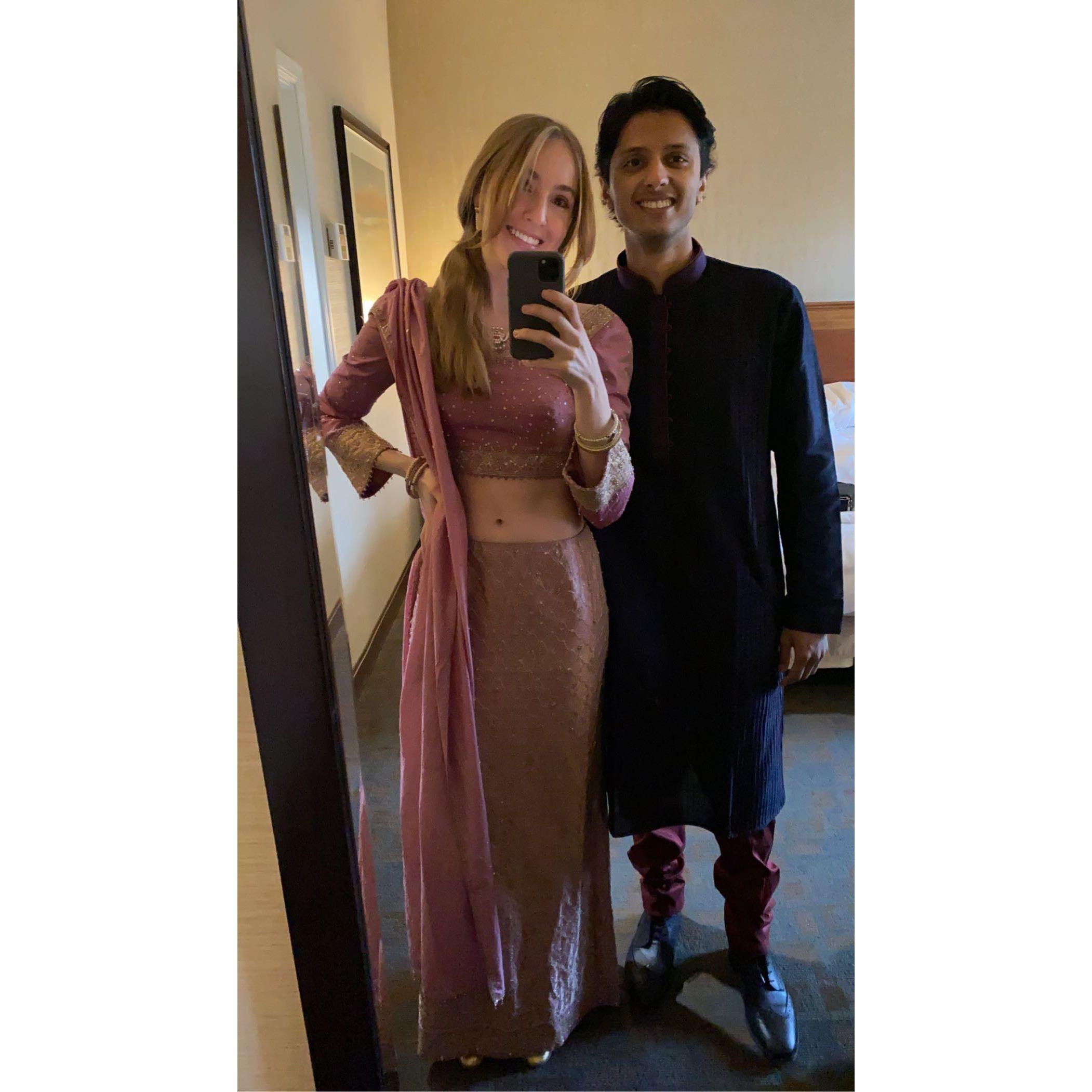 Yours truly :) men's Kurta and women's Lehenga and Dupatta (scarf)