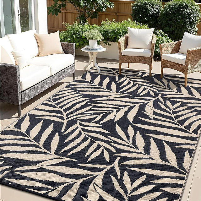 OLANLY Waterproof Outdoor Rug 9x12 ft, Reversible Outdoor Plastic Straw Rug with Leaf Pattern, RV Mat, Indoor Outdoor Carpet for Patio, Camping, Balcony, Deck, Backyard, Black & Beige