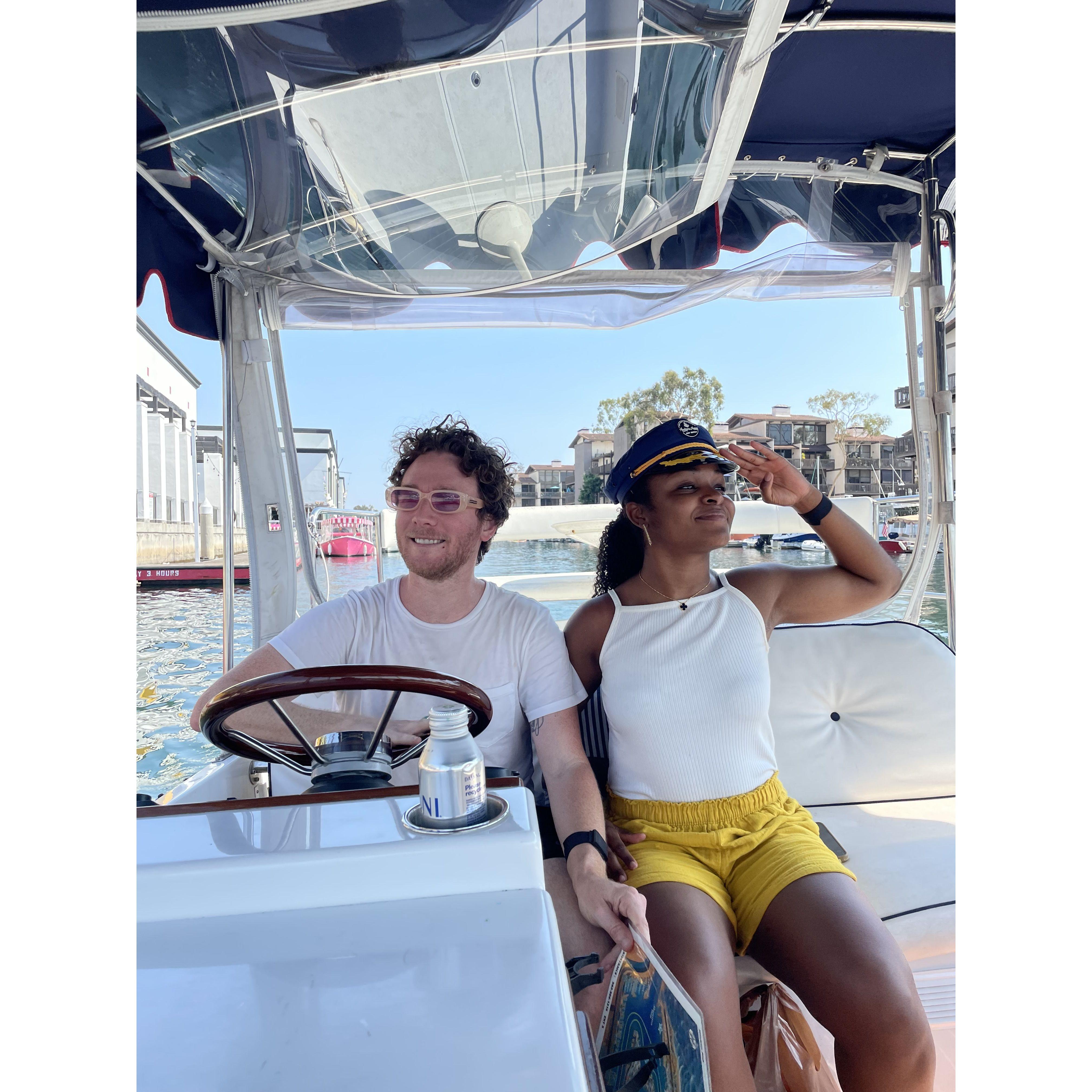 On a duffy boat cruising through Long Beach