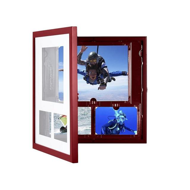 Dynamic Square Collage Picture Display & Storage for One 8x10 and Two 4x6 Pictures, Rotating Frame, Ultra-Thin Profile, Outer Wooden Dimensions 17x17 Inches, Cherry Finish