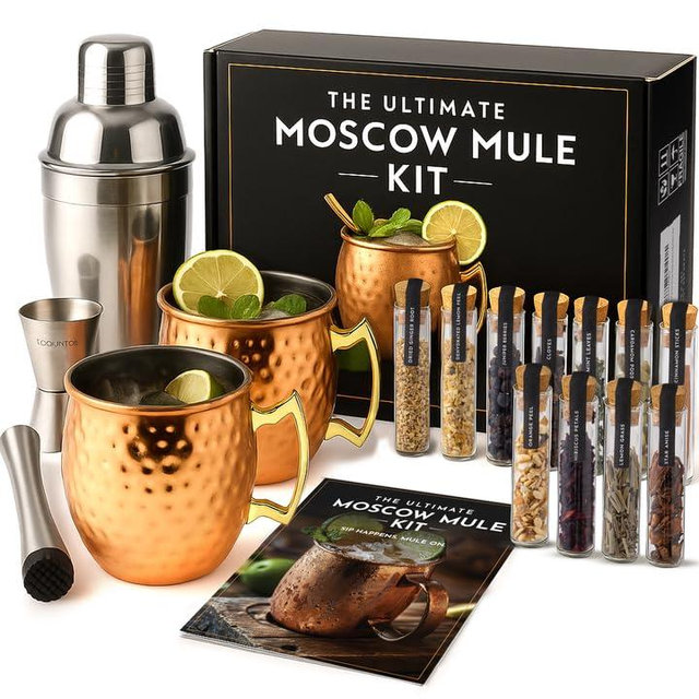 Moscow Mule Kit Gift Set - 2 Copper Mugs - 11 Botanicals - Stainless Steel Shaker & Jigger - Mudder - Recipe Book - Moscow Mule Cocktail Kit - Basket Gifts for Women - Unique Accessories for Infusion