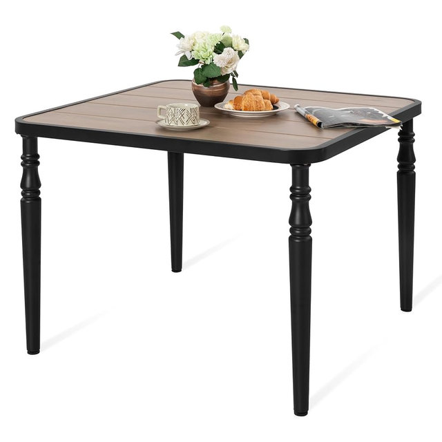 NUU GARDEN 37" Square Outdoor Dining Table, Metal Dining Table with Umbrella Hole, Wood-Grain Tabletop, Weather-Resistant for Garden, Backyard, Deck, Lawn