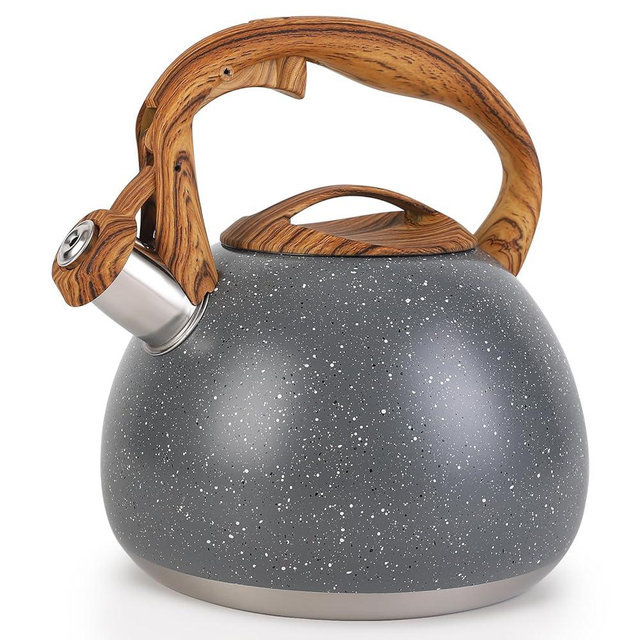 Tea Kettle, Vegoran 100 OZ / 3 Liter Whistling Tea Kettle, Tea Pots for Stove Top Food Grade Stainless Steel with Wood Pattern Folding Handle, Loud Whistle Kettle for Tea, Coffee, Milk (Gray)