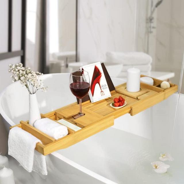 Luxury Bathtub Caddy Tray, 1 or 2 Person Bath and Bed Tray, Bath Tub Table Caddy with Extending Sides - Free Soap Dish (Natural)
