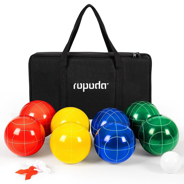 ropoda 100mm Bocce Ball Set Regulation Size and Weight with 8 Resin Bocce Balls, 50 mm Pallino, Carrying Bag, Measuring Rope, Backyard/Lawn/Beach/Outdoor, Bocci Games (Multi Colors, 2-8 Players)