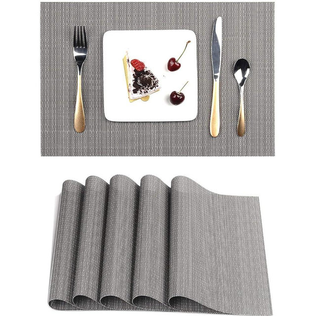 Myir JUN Place Mats, Table Mats Set of 6 Indoor Placemats Washable Non-Slip Heatproof Woven Placemats for Dining Table Fabric Place Mat PVC (Dark Gray, Set of 6)