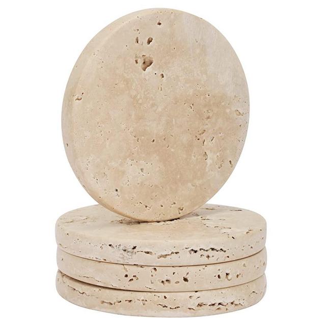 WORHE Marble Coaster for Drinks, 4” Diameter Round Drink Coaster Match Any Glasses, Cups, Mugs, Natural Cream Travertine Stone Prevent Countertops from Dirty, Sturdy and Durable Set of 4(BD140)