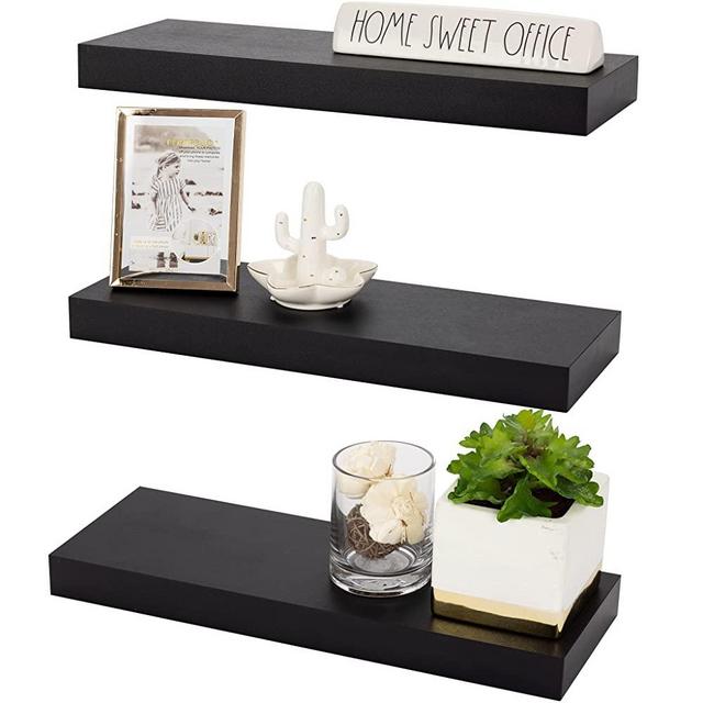 Sorbus Floating Shelf Set — Rustic Wood Hanging Rectangle Wall Shelves — Perfect for Home Décor, Trophy Display, Photo Frames, and More (3-Pack, Rectangle Shelf Set - Black)