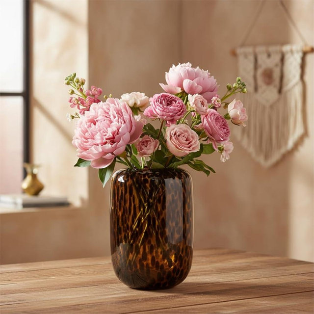 HAOYANG Tortoise Shell Vase Amber Glass, Hand Blown Round Art Glass Vase, Wide Mouth Decorative Vase for Living Room, Dining Table, Entryway & Boho & Eclectic Home Centerpiece(Small)