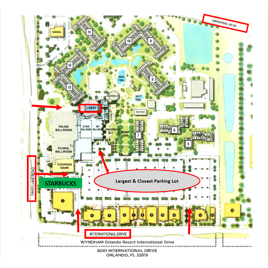 'The largest & closest parking lot' is the shortest distance to the Citrus Ballroom.