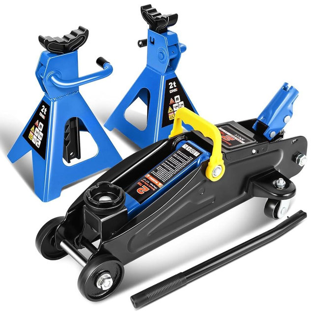 DNA Motoring 2 Ton Car Jack and Stands Kit 2T(4000 lbs) Capacity Low Profile Hydraulic Trolley Service/Floor Jack with 2 Ratchet Stands Combo for Home Garage Shop, Blue, TOOLS-00476