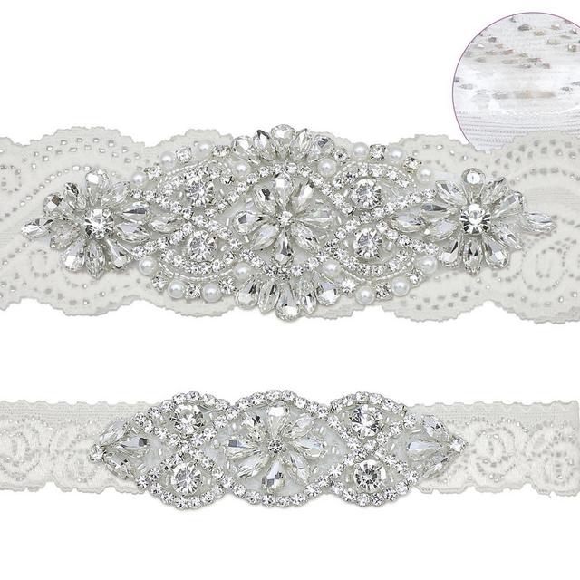 GARGALA Wedding Garters for Bride with Non-Slip Silicone, Lace Bridal Garter Set with Clear Rhinestones Crystal Pearl