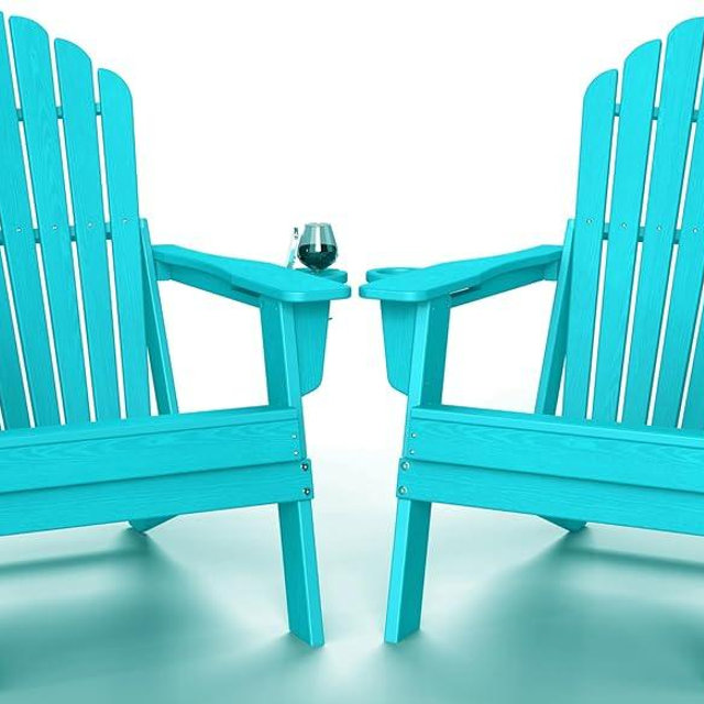 Plawdlik HDPE Folding Adirondack Chair Set of 2, Heavy Duty Outdoor Patio Chair with Dual Cup Holders, Weather Resistant Fire Pit Chair for Deck,Backyard,Lawn, ArubaBlue