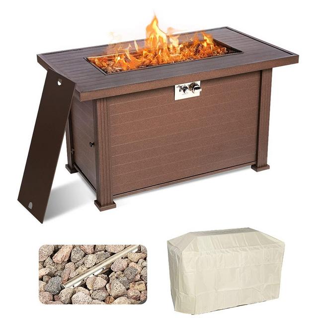 SINGLYFIRE 44 Inch Gas Fire Pit Table 50,000BTU Propane Fire Pit with Cover, Lid and 8.8lbs Lava Rock Fire Table for Patio, Deck, Garden, Backyard (BrownImitation Wood Grain)