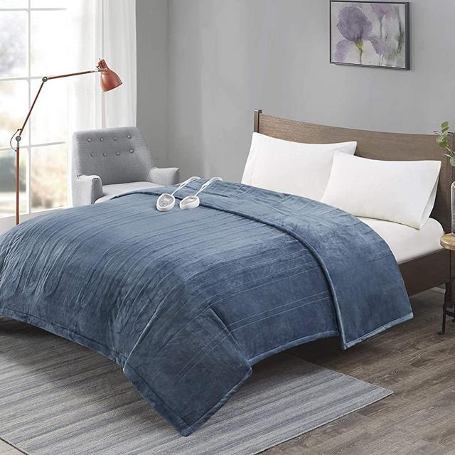 [Advanced] Microplush Electric Blanket For Bed & Living Room | Machine Washable Heated Blanket W/ Dual Controller And Auto Shut Off | Preheat Setting | UL Certified And EMF Radiation Safe - Blue