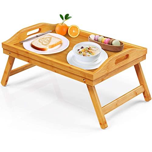 FURNINXS Bamboo Bed Tray for Eating, Breakfast in Bed Tray with Folding Legs and Handles, Serving Bed Tray Table for Bedroom, Chair, Sofa, Hospital