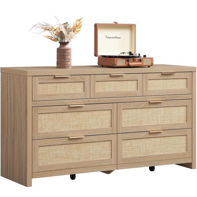 SICOTAS 7 Drawer Dresser for Bedroom, 57" Wide Rattan Dressers for Nursery, Living Room TV Stand, Boho Closet Organizer Chests of Drawer, Clothes Storage Chest (Reclaimed Light Oak, 1 Piece)