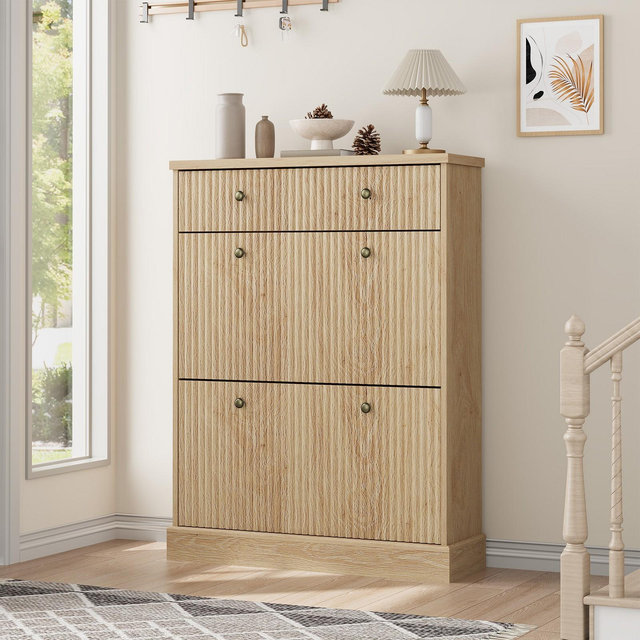 GarveeHome Shoe Cabinet with 3 Flip Drawers, Hidden Wooden Fluted Shoe Cabinet with Adjustable Shelf, Freestanding Shoe Storage Cabinet for Entryway