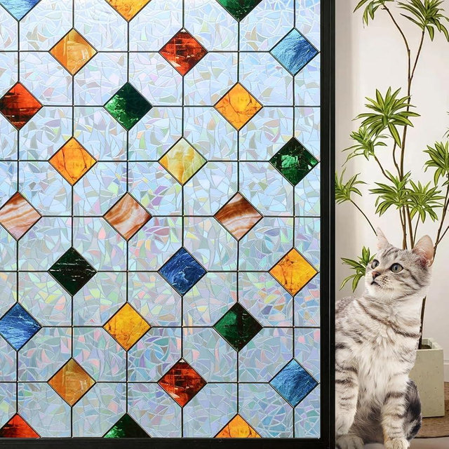DKTIE Colorful Gem Lattice Pattern Decorative Window Privacy Film Rainbow Stained Glass Window Film Classroom Decor Renter Friendly Decor (S533, 17.7in X 78.7in)
