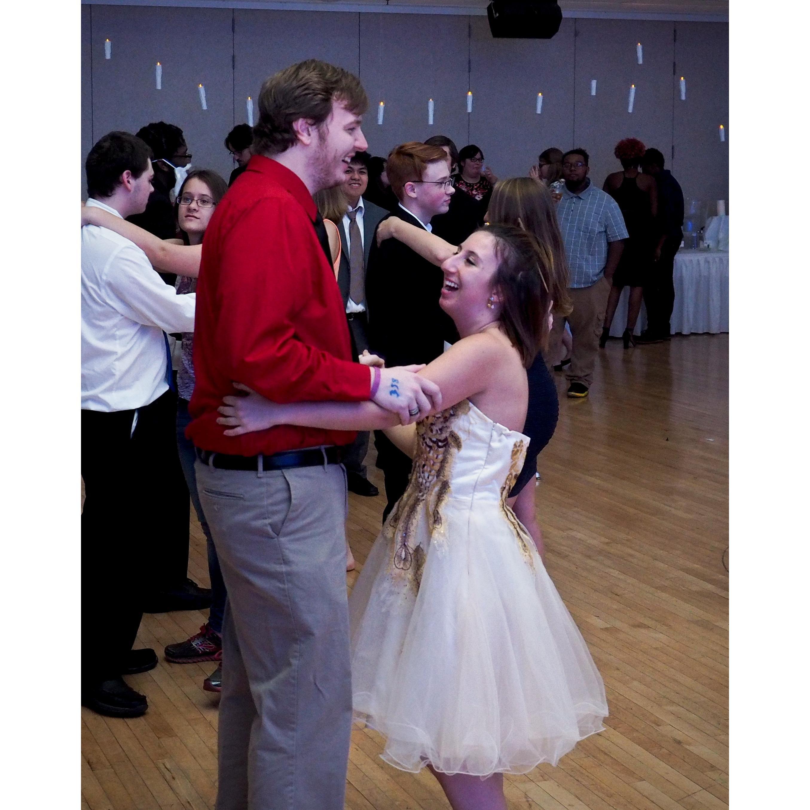 A candid picture of us laughing about how difficult it was to dance during the Frostburg's Yule Ball. Hosted by out favorite FSU club Fandom Society.