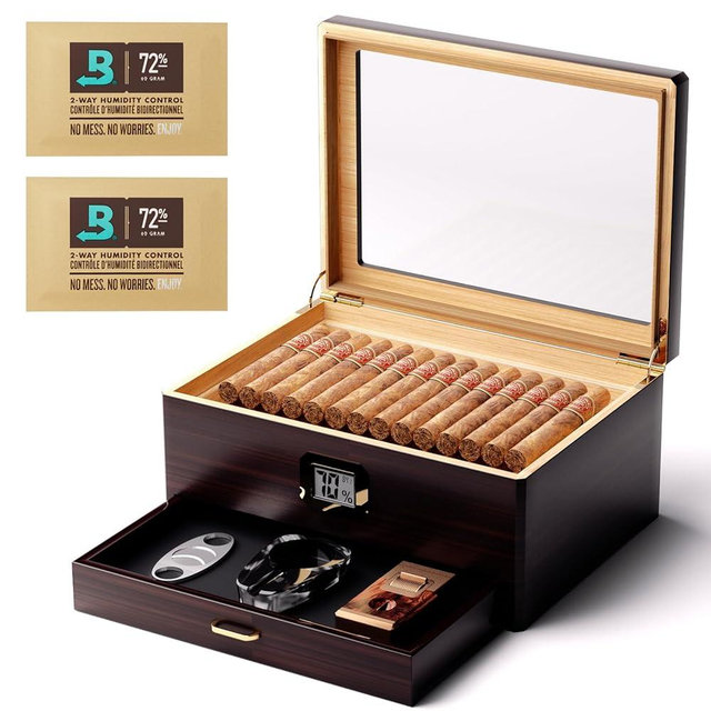Woodronic Cigar Humidor Upgraded Capacity 80 Counts with Boveda 72% Humidity Packs, Spanish Cedar Wood Tray and Divider, Accessory Drawer & Digital Hygrometer, Desktop Cigar Case Gift for Men