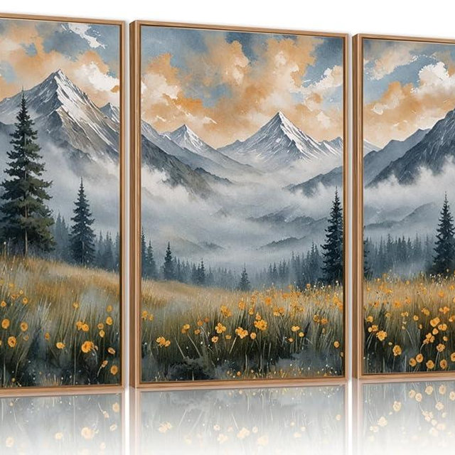 FWIEXA Misty Mountain Framed Canvas Wall Art Set, Foggy Forest Modern Wall Decor, Nature Wildflower Grassland Artwork, Woodland Landscape Scenery Prints for Living Room, Office - Size 16"x24"x3