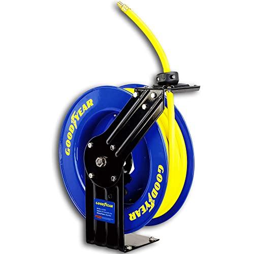 GOODYEAR Air-Hose-Reel Retractable 3/8" Inch x 50' Feet Long Garage Essential Premium Commercial SBR Hose Max 300 Psi Steel Construction Heavy Duty Spring Driven