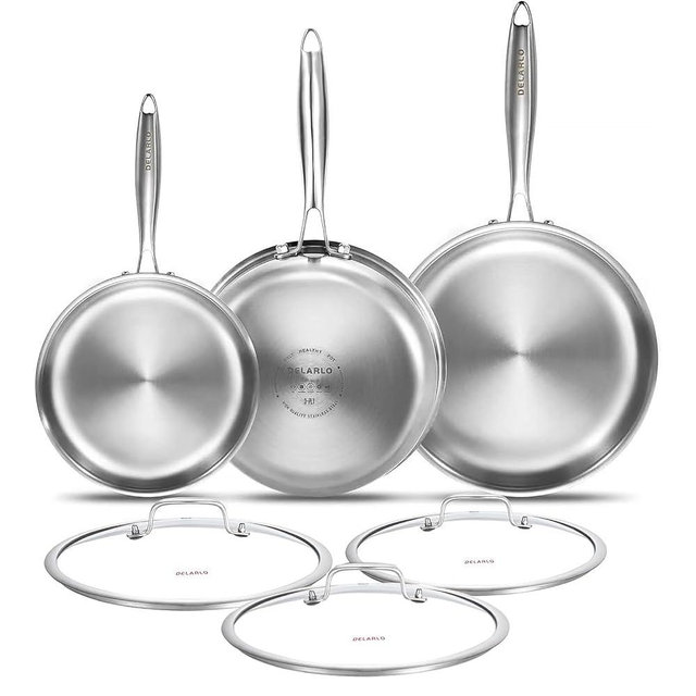 DELARLO Tri-ply Stainless Steel Frying Pan Set 8" 10" 12" With 3 Lid Induction large Skillets Chef's Pan,Pots and Pans Set Kitchen Cookware Set Suitable for All Stove