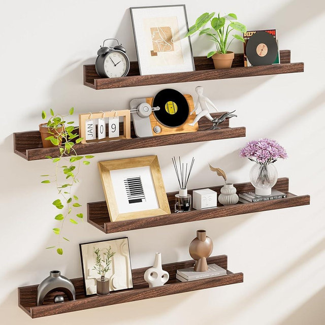 Floating Shelves for Wall Set 4 of 24 inches Picture Ledge Shelf 96 inches Totally,Solid Wood Walnut Shelves for Room Wall to Display and Storage Photo Picture,Vinyl,Toy,Spice,Perfume,Book etc...