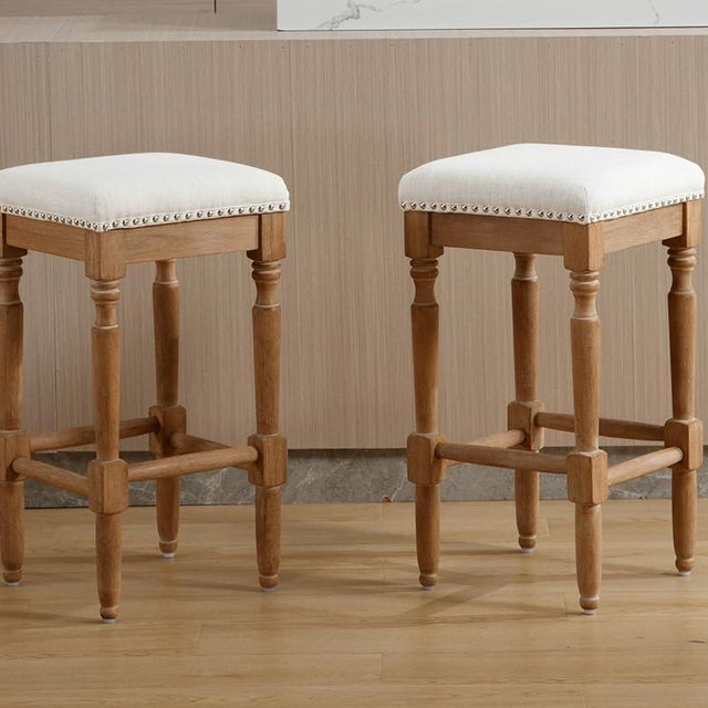 Kmax 26" Linen Counter Height Bar Stools Set of 2 Nailhead Trim Backless Barstools Wooden Counter Stool for Kitchen Island Counter Bistro, Natural Color Finish, Beige
