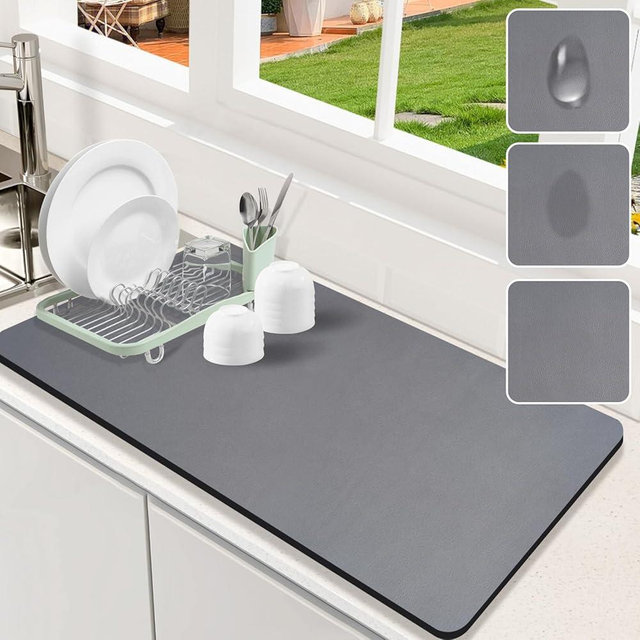 Dish Drying Mat for Kitchen Counter, 17.7"x31.5" Dish Drying Pad with Non-slip Rubber Backed, Hide Stain Anti Absorbent for Kitchen Counter, Drying Mat for Coffee Machine Dish Rack (Grey)