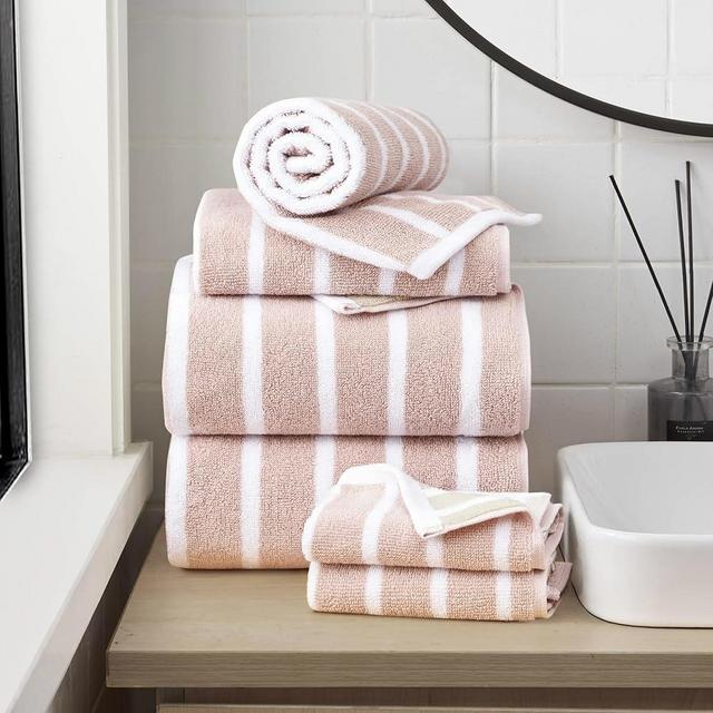 Lucky Brand Reversible Stripe 6 Piece Bath Towel Set - (2) Bath Towels, (2) Hand Towels, and (2) Washcloths - Grey/Beige Premium Bathroom Towel Set