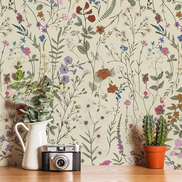 JiffDiff Wallpaper Self-Adhesive Blooming Vintage Colourful Flowers Wall Paper for Bedroom Living Room Cabinet, Peel and Stick Beige Sketch Little Flowers Wallpaper Mural 7.1 sq. feet (59"x17.3")