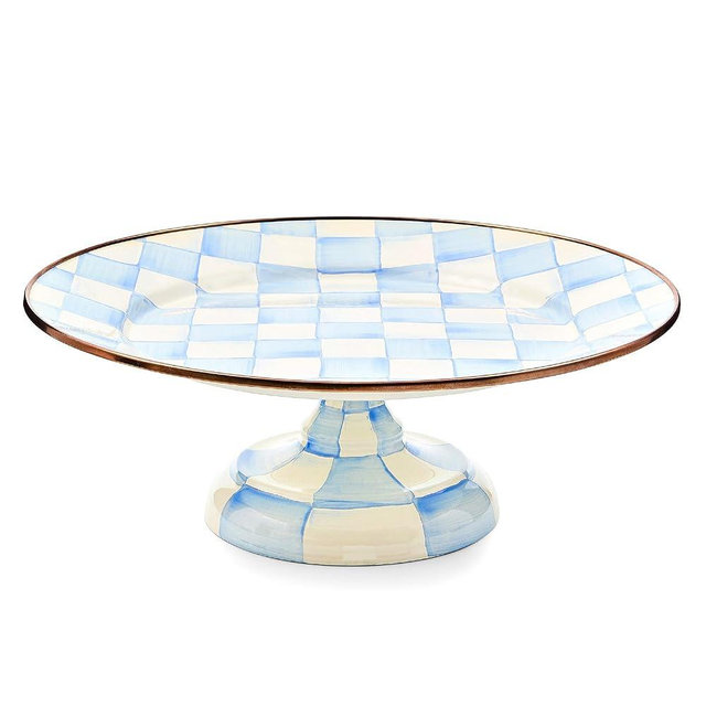 MACKENZIE-CHILDS Enamel Pedestal Platter, Round Cake Stand, Small, 12 Inches, Light-Blue-and-White Sky Check