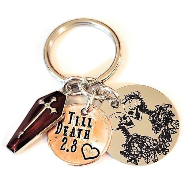 Personalized, Till Death Do Us Part, Key Chain, Anniversary Date, Penny Year, Coffin Gift, Skeleton Lovers Charm