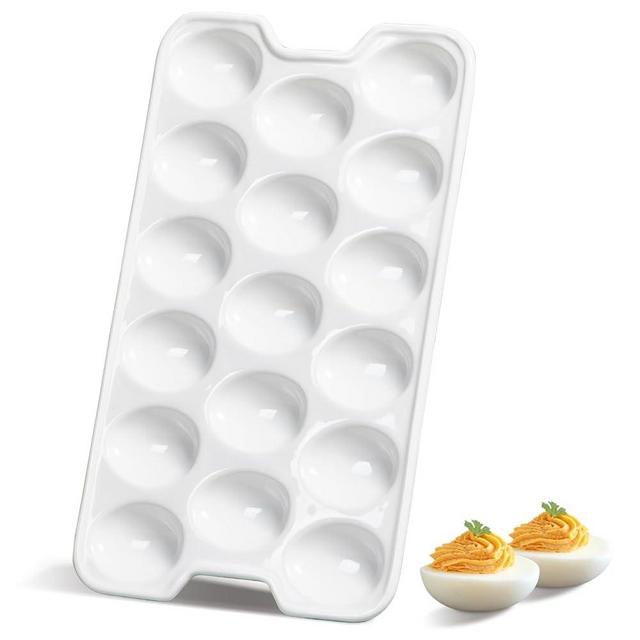 ONEMORE Deviled Egg Platter, Dishwasher Safe Ceramic Egg Holder – 17-Hole Rectangular Fridge Eggs Organizer & Appetizer Serving Tray for Entertaining, Easter, Parties, Gatherings & Special Events
