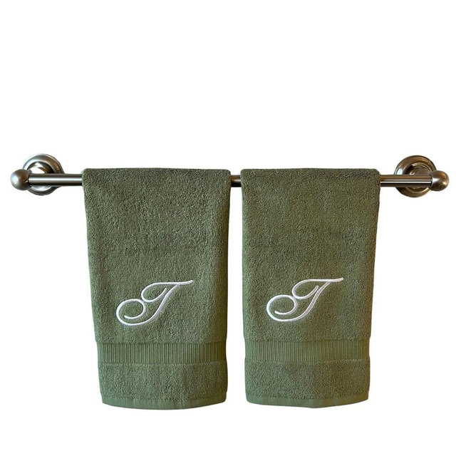 Sage Monogrammed Hand Towels for Bathroom - Luxury Hotel Quality Personalized Initial Embroidered Towel for Powder Room, Spa - GOTS Organic Certified - Set of 2 White Letter T