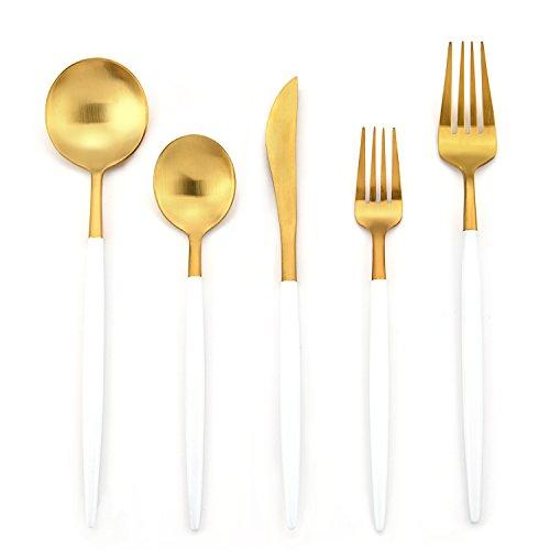 DEACORY Flatware Set Silverware Stainless Steel 18/10 Cutlery Set White and Matte Gold Luxury 20 Pieces Kitchen Restaurant Use Service for 4