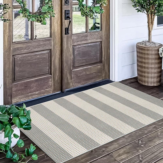 LEEVAN Front Door Mat 24''x35'', Grey and White Striped Outdoor Rug, Washable Indoor Outdoor Rugs Cotton Hand-Woven Entry Rug Small Area Rugs for Front Porch/Bathroom/Farmhouse/Home Entrance