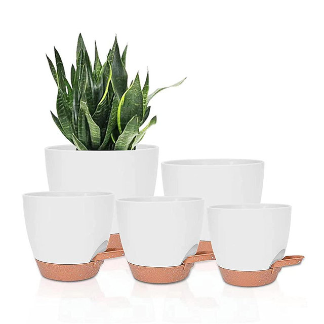 Vanslogreen Plant Pots for Indoor Plants 5 Pack Self Watering Planters, 7/6.5/6/5.5/5 Inch Self Watering Pots with Drainage Hole Plastic Flower Pot for Herbs, Succulents, African Violet (White)