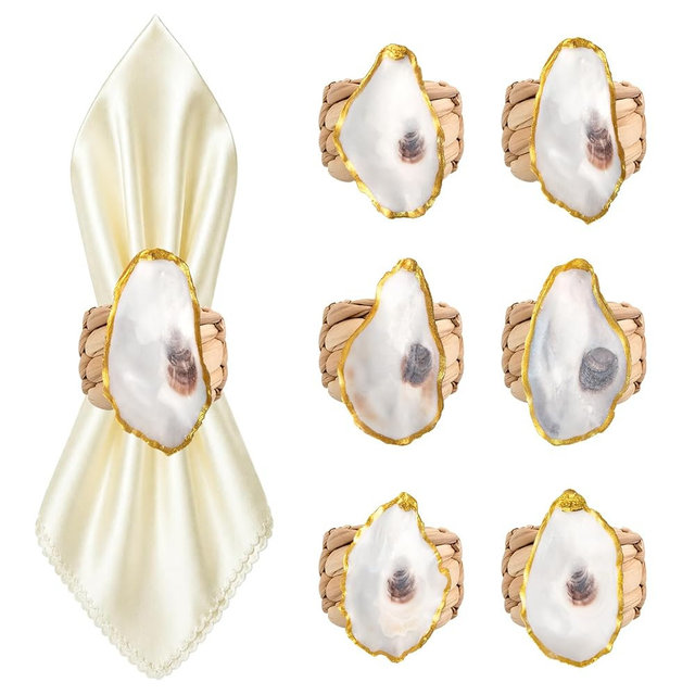 JQAQJU Coastal Napkin Rings Set of 6, Woven Water Hyacinth Napkin Rings with Oyster Shells, Rattan Napkins Holder for Summer Wedding, Dinner, Beach Theme Party, Birthday, Christmas, Thanksgiving