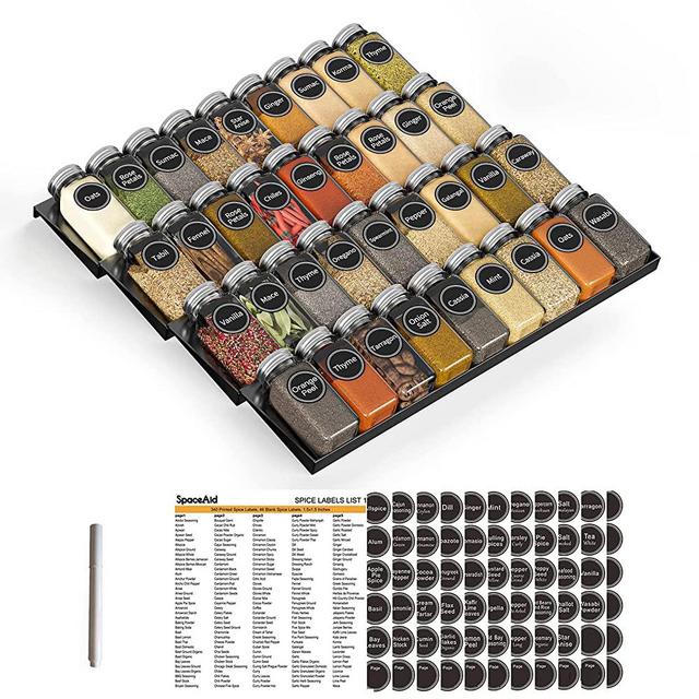 SpaceAid Spice Drawer Organizer with 36 Spice Jars, 386 Spice Labels and Chalk Marker, 4 Tier Seasoning Rack Tray Insert for Kitchen Drawers, 16.75" Wide x 17.5" Deep