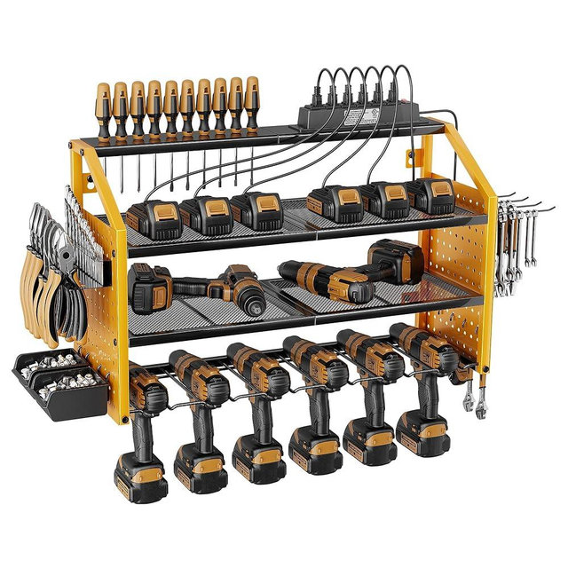 LBT Power Tool Organizer with Charging Station. Patented, Drill Storage Rack Wall Mount, Heavy Duty Steel, 6 Drill Storage Shelf, 8 Hooks,2 Screw Boxes,6 Outlets Power Strip, Easy Install Drill Holder