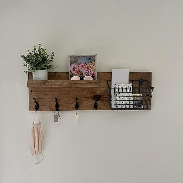 Industrial Entryway Mail Organizer with Key Hooks, Coat Hooks, Industrial Mail Basket Wall Mounted (24" (3 double hooks))