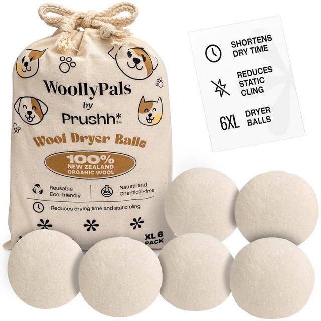 WoollyPals Wool Dryer Balls (6-Pack, XL Size)- 100% New Zealand Organic Wool - Sustainable & Eco-Friendly - Dry 1,000 Loads, Replaces Dryer Sheets, Reduces Static Cling, Reusable (Plain Design)