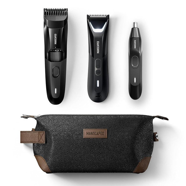 MANSCAPED® Body, Beard & Face Bundle 5.0 - The Lawn Mower® 5.0 Ultra Groin & Body Hair Groomer, The Beard Hedger® Premium Trimmer, Weed Whacker® 2.0 Nose & Ear Hair Razor, The Shed Toiletry Bag