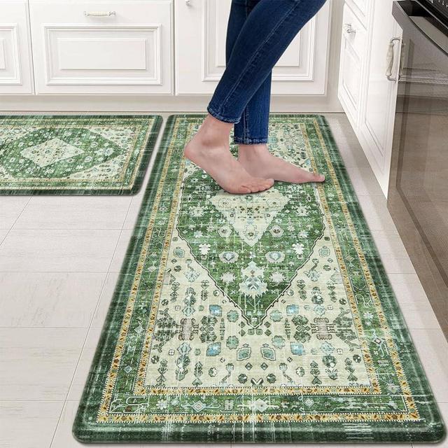 Collive Boho Kitchen Mat, Cushioned Anti Fatigue Kitchen Rug Set, 2 Piece Non-Skid Waterproof Kitchen Mats for Floor, Comfort Heavy Duty Standing Mat for Kitchen, Laundry, Office, Desk