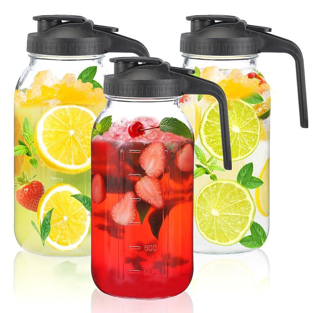 Glass Mason Jar Pitcher with Pour Spout Lid, 64OZ Leak-proof Wide Mouth Jugs for Cold Brew Coffee, Breast Milk Storage, Water, Sets of 3